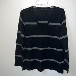 Eileen Fisher Merino Wool Black & Gray Stripe Sweater M Medium